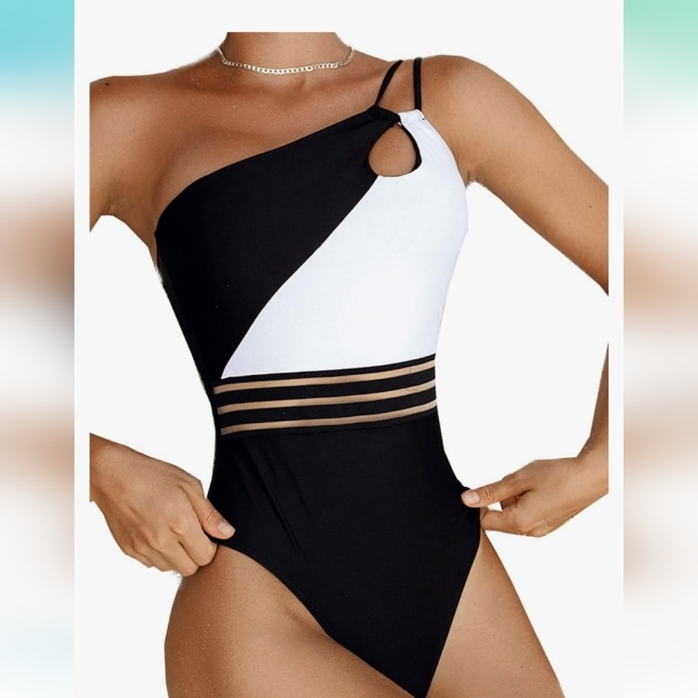 Sexy One Piece Bathing Suit One Shoulder Monokini Slimming Mesh blk/white SZ S